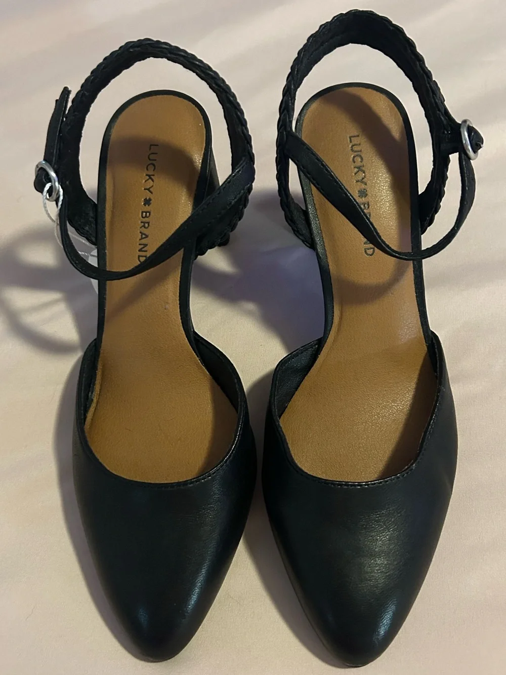 Lucky Brand Black Pointed Toe Braided Ankle Strap Heels